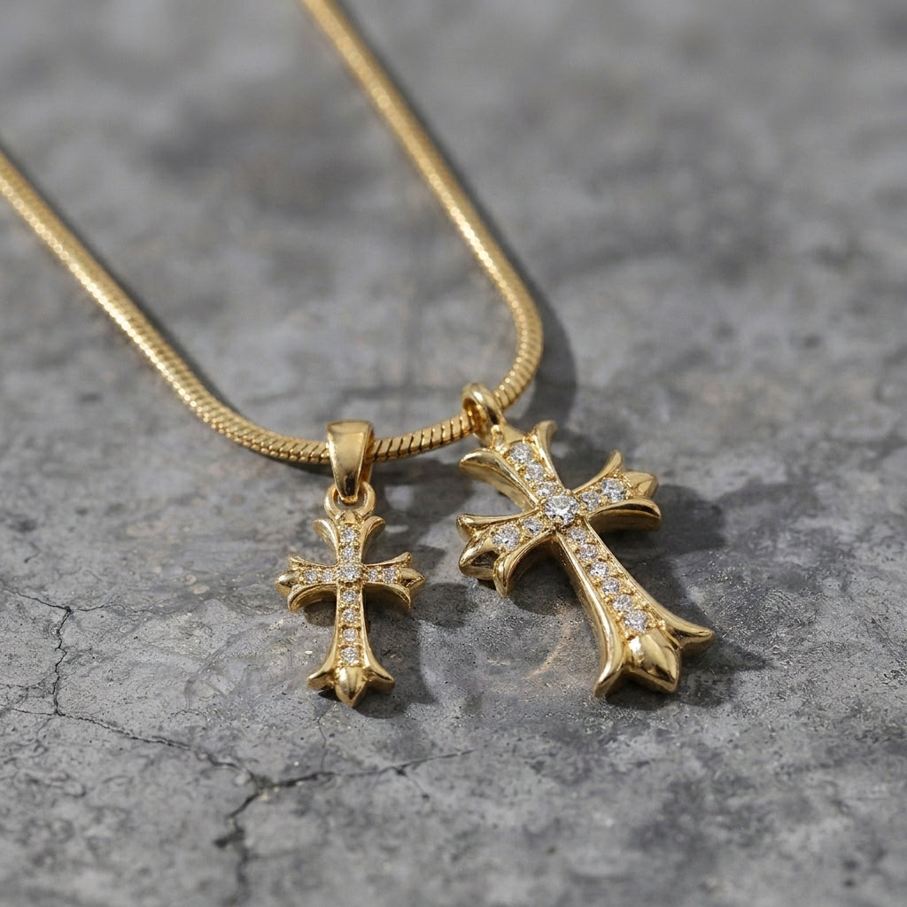 Gold Pavé Twin Gothic Cross Snake Chain Necklace