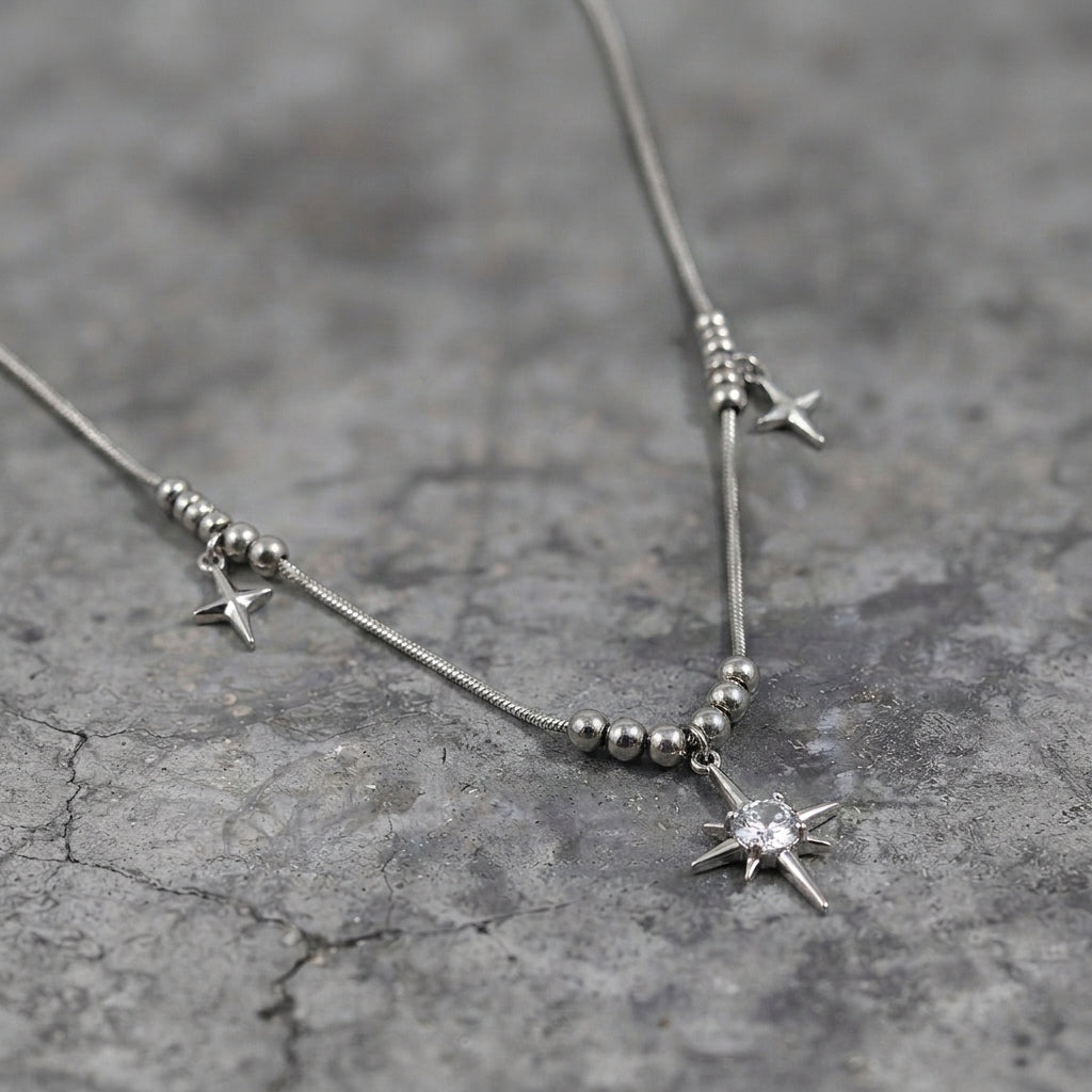 North Star Crystal Charm Beaded Snake Chain Necklace