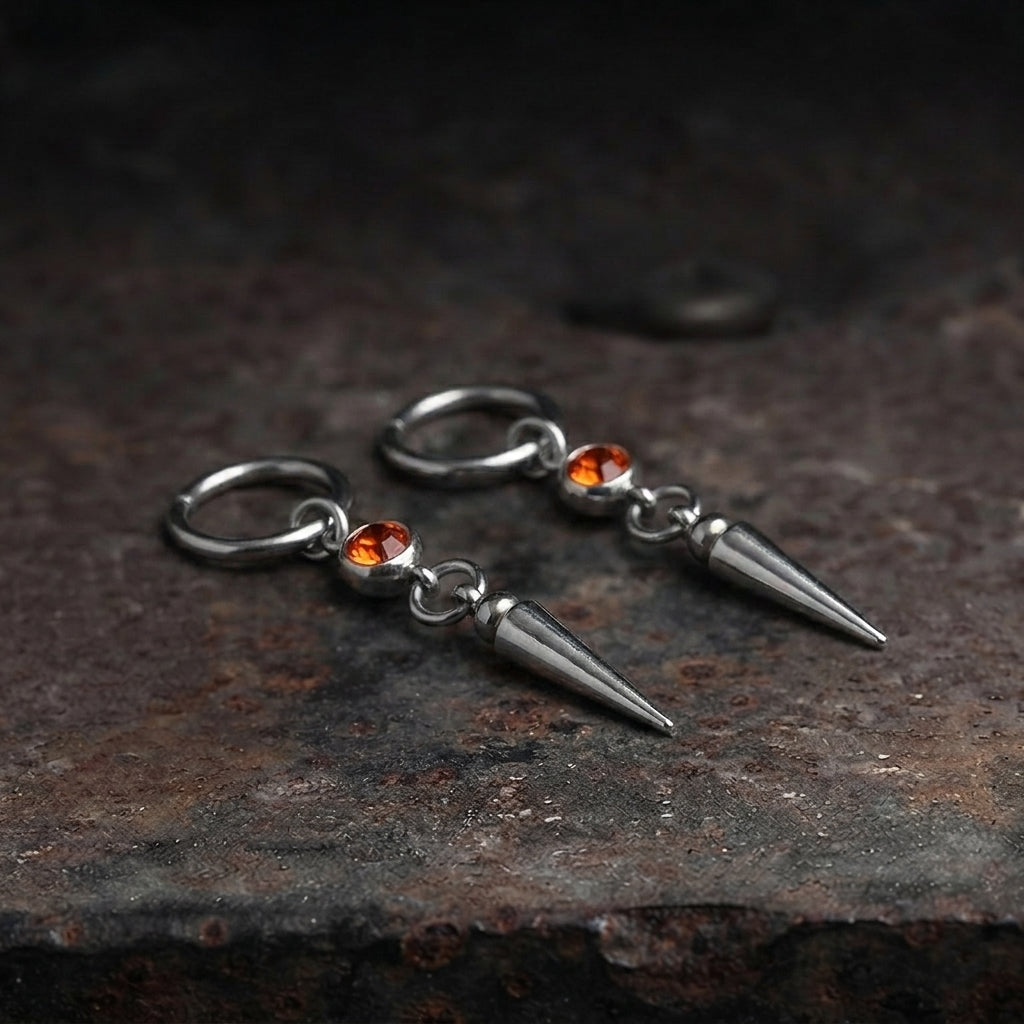 Fire Orange Crystal Bezel Spike Drop Hoop Earrings