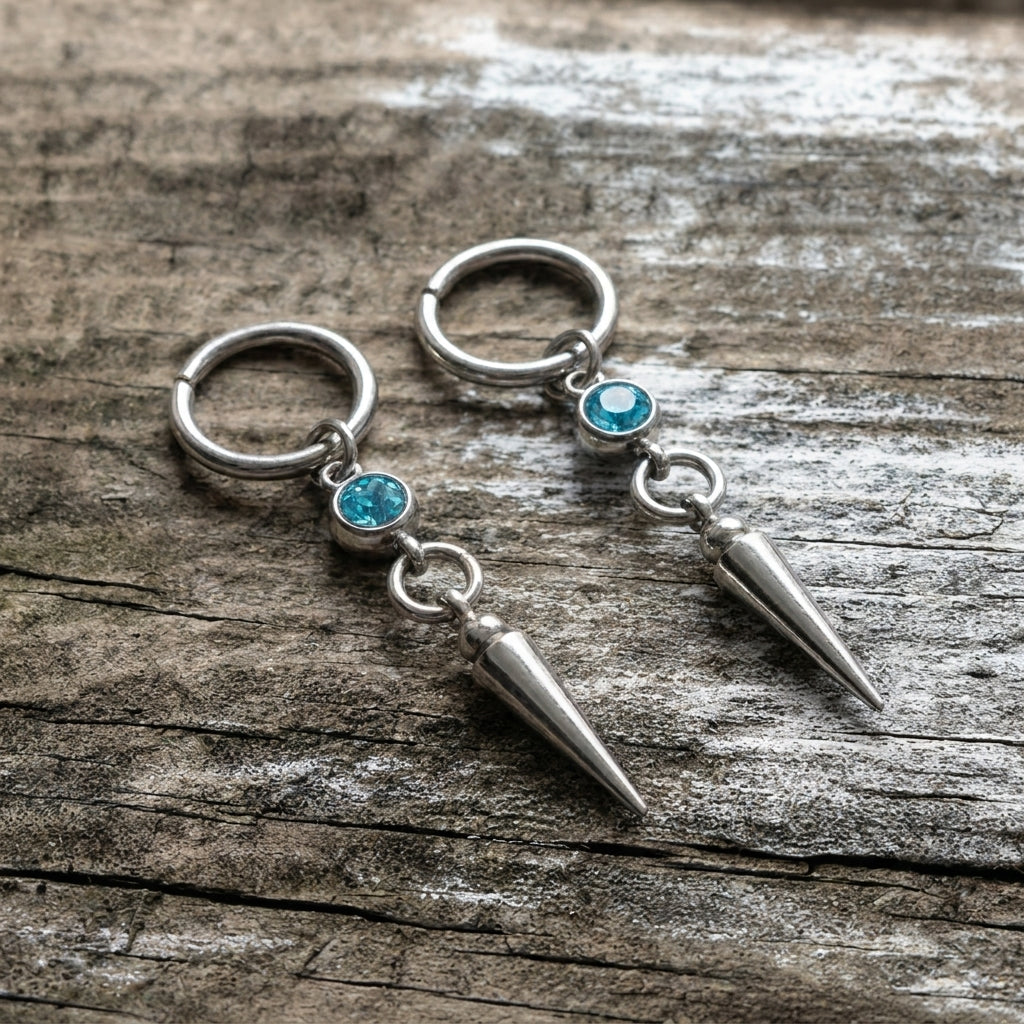 Aqua Crystal Bezel Spike Drop Hoop Earrings
