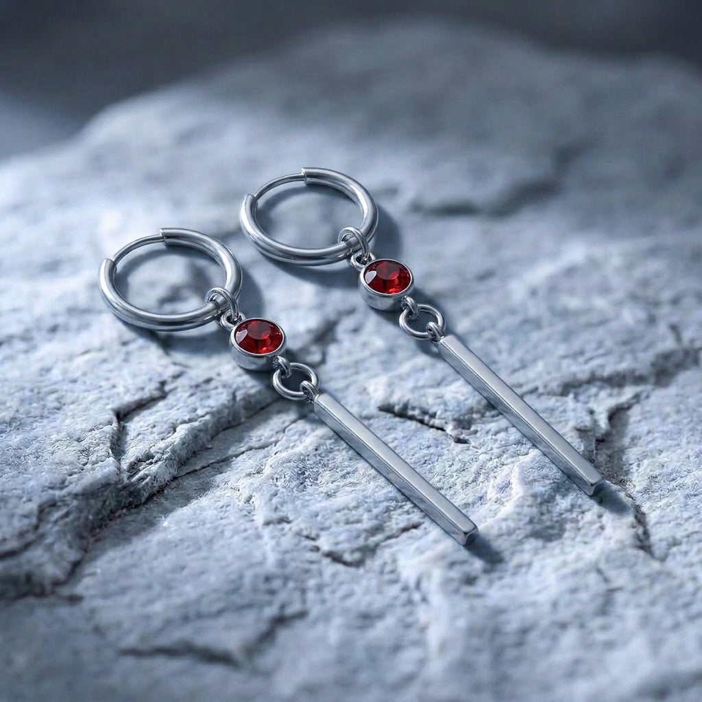 Ruby Red Crystal Long Bar Drop Hoop Earrings