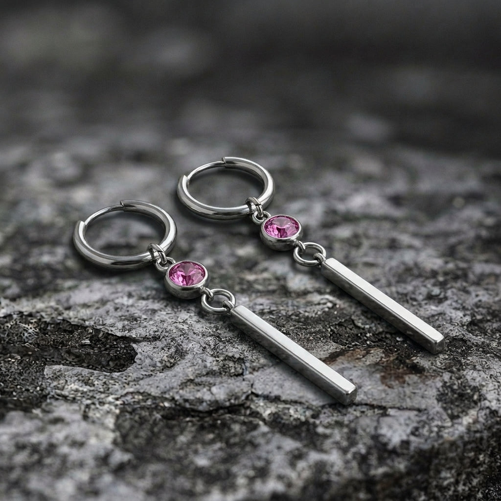 Fuchsia Pink Crystal Long Bar Drop Hoop Earrings
