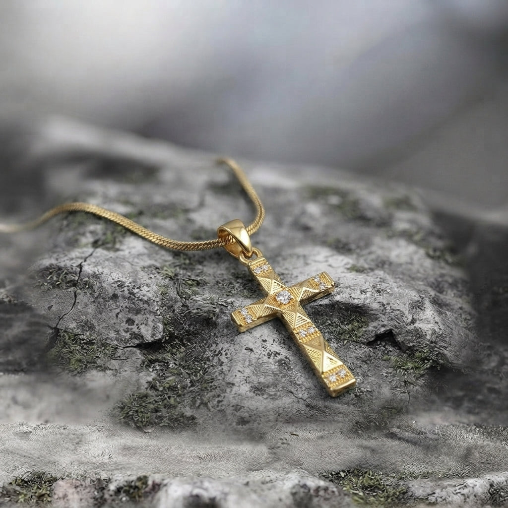 Gold Faceted Pyramid Crystal Cross Snake Chain Necklace