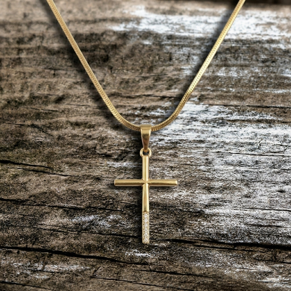 Gold Slim Crystal Drop Cross Snake Chain Necklace