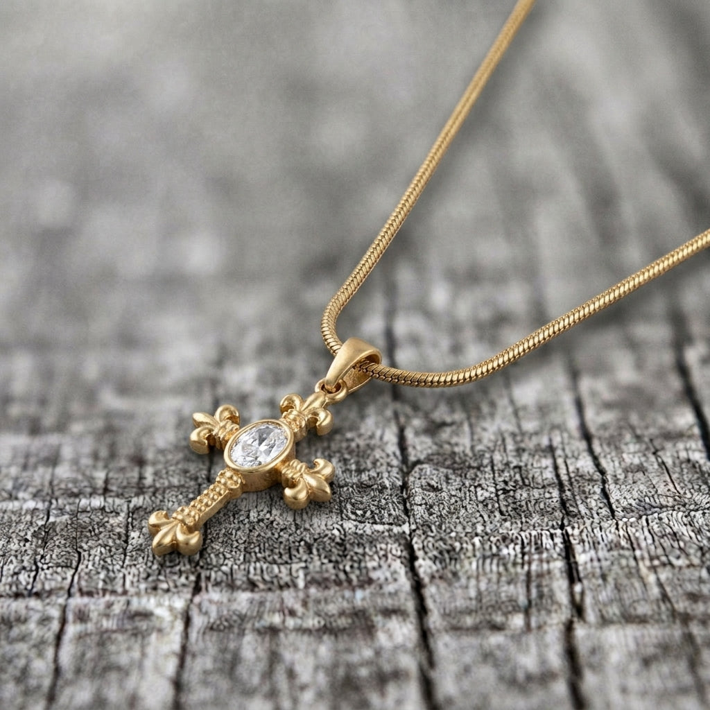 Gold Fleur-de-Lis Oval Crystal Cross Snake Chain Necklace
