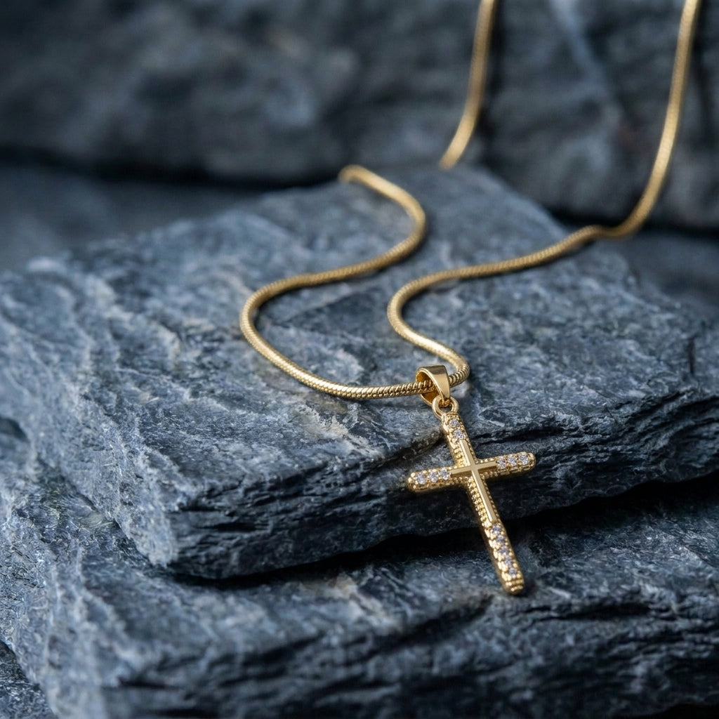 Gold Crystal-Tipped Ribbed Cross Snake Chain Necklace