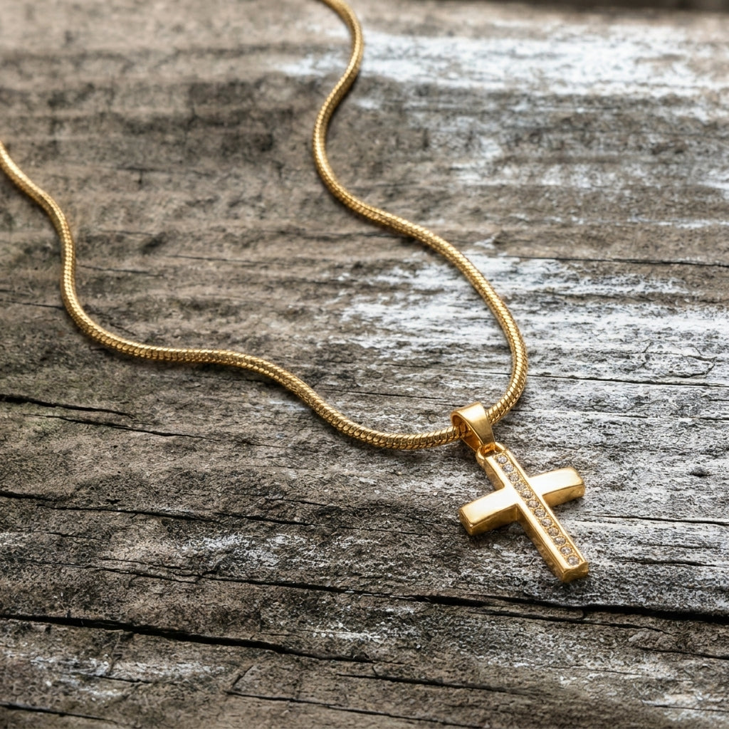 Gold Crystal Channel Bar Cross Snake Chain Necklace