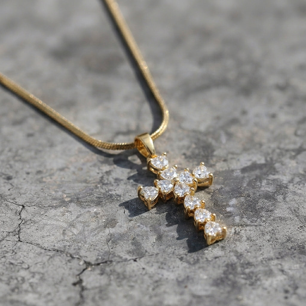 Gold Heart Crystal Cross Snake Chain Necklace