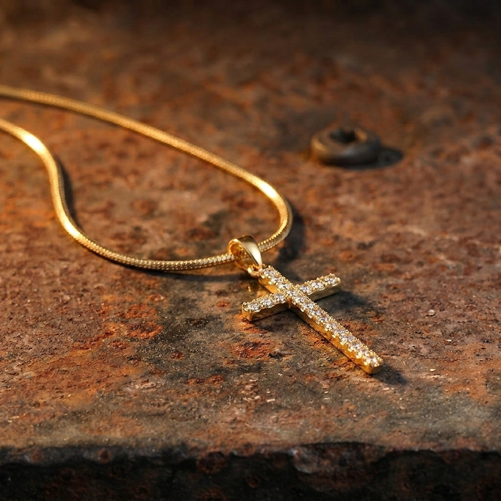Gold Full Pavé Crystal Cross Snake Chain Necklace