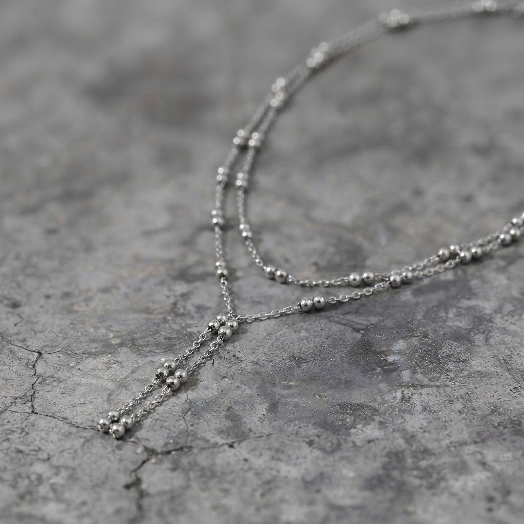 Silver Double Layer Beaded Lariat Drop Necklace