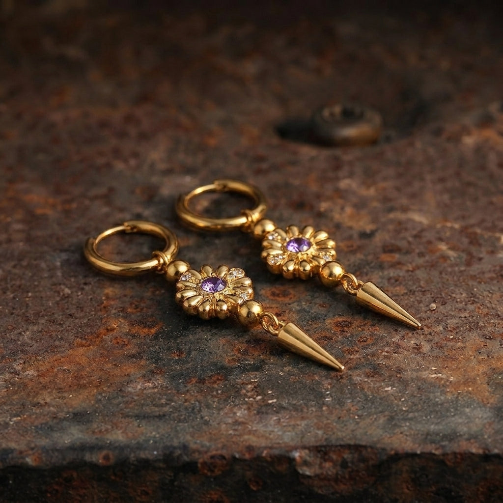 Gold Amethyst Crystal Daisy Spike Drop Hoop Earrings