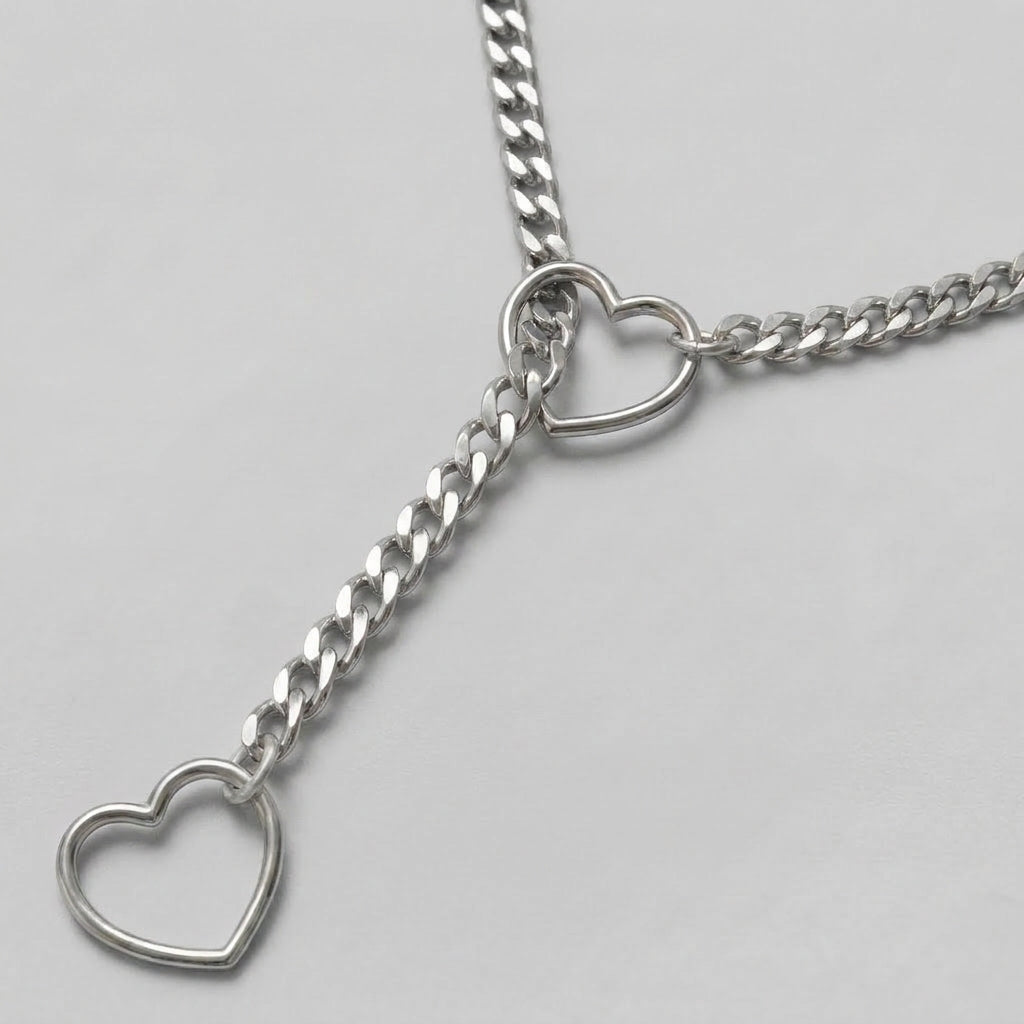 Silver Open Heart Ring Lariat Curb Chain Necklace