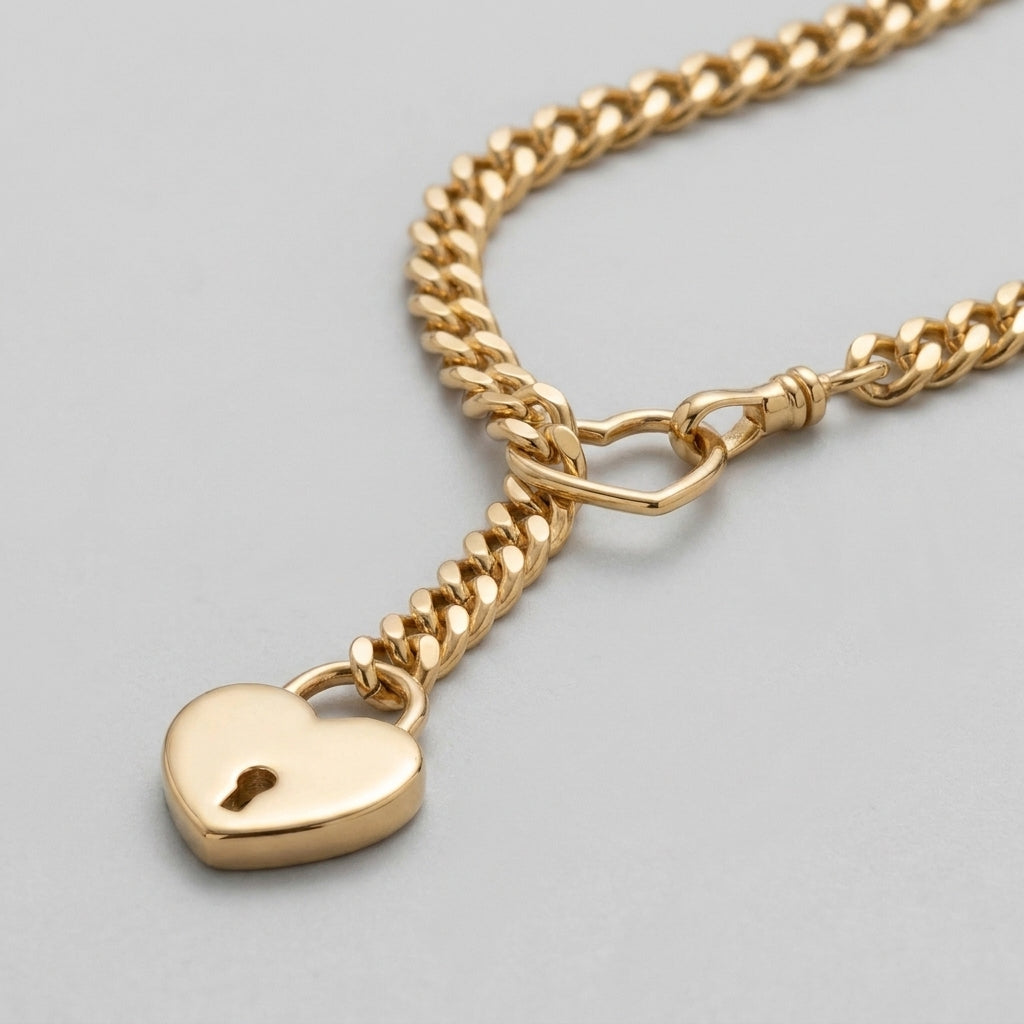 Gold Heart Padlock Ring Lariat Curb Chain Necklace
