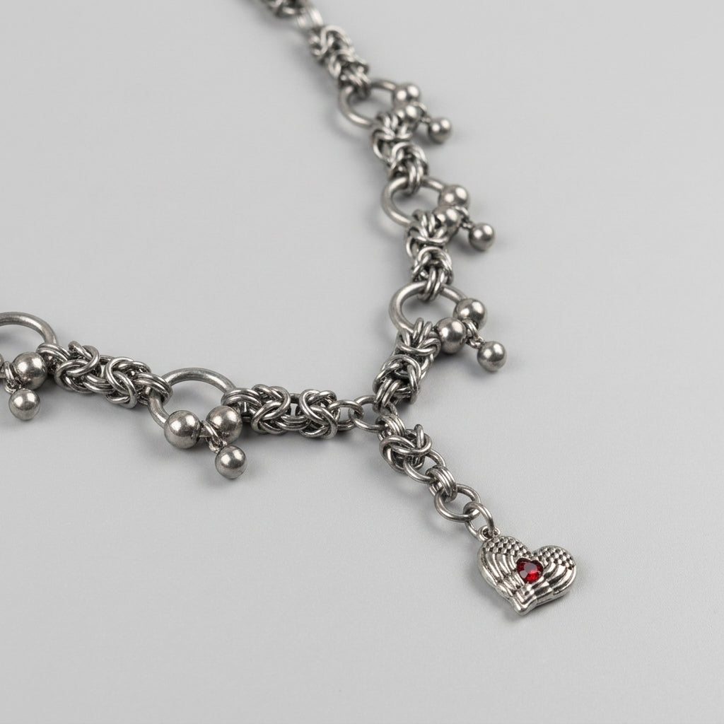 Red Crystal Winged Heart Byzantine Barbell Necklace