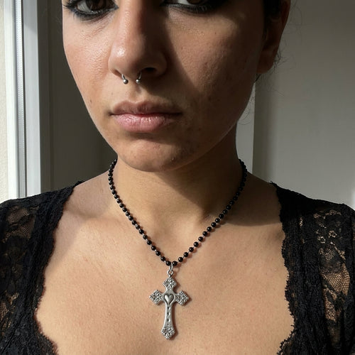 Black Bead Rosary Floral Heart Cross Necklace