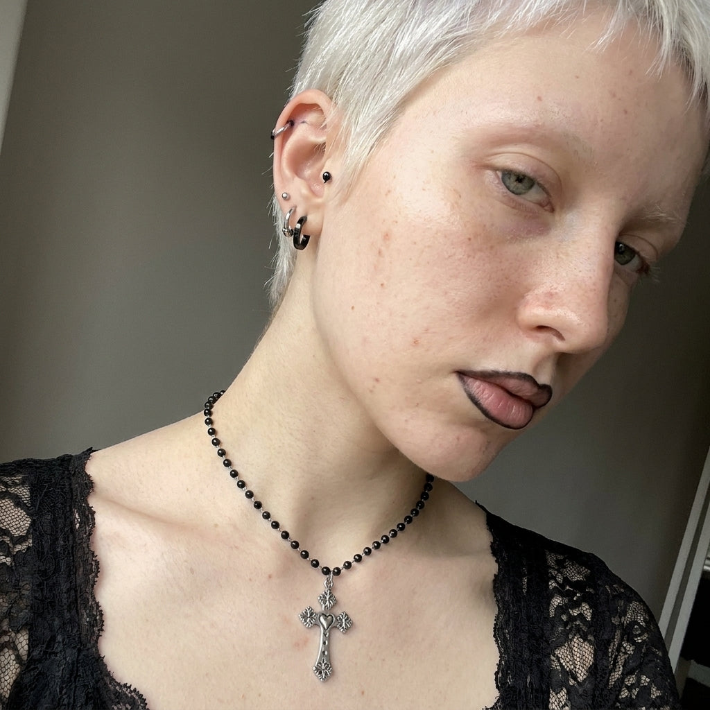 Black Bead Rosary Floral Heart Cross Necklace