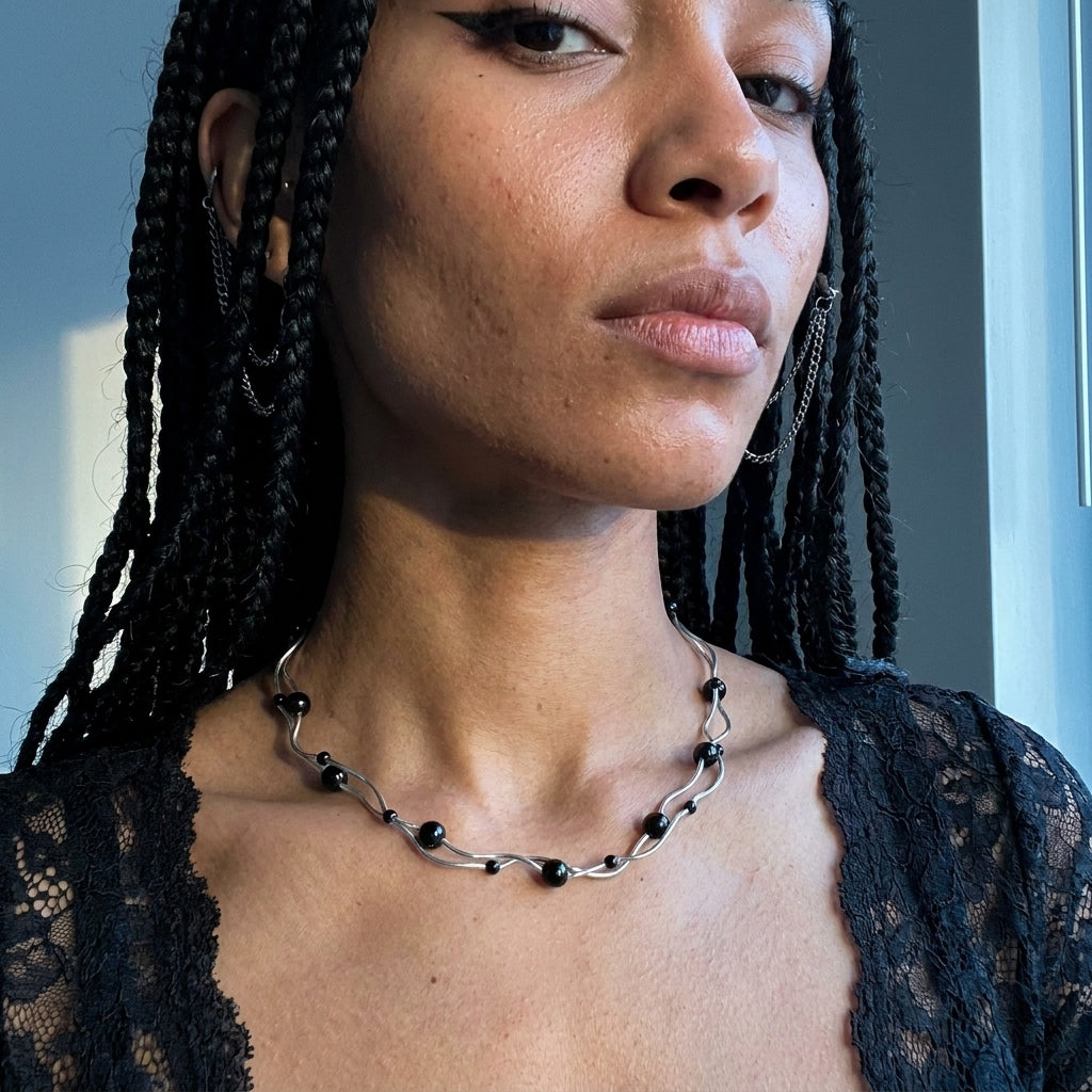Twisted Bar & Black Bead Choker Necklace