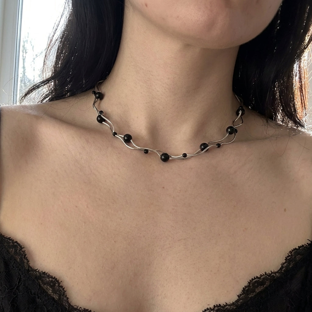 Twisted Bar & Black Bead Choker Necklace