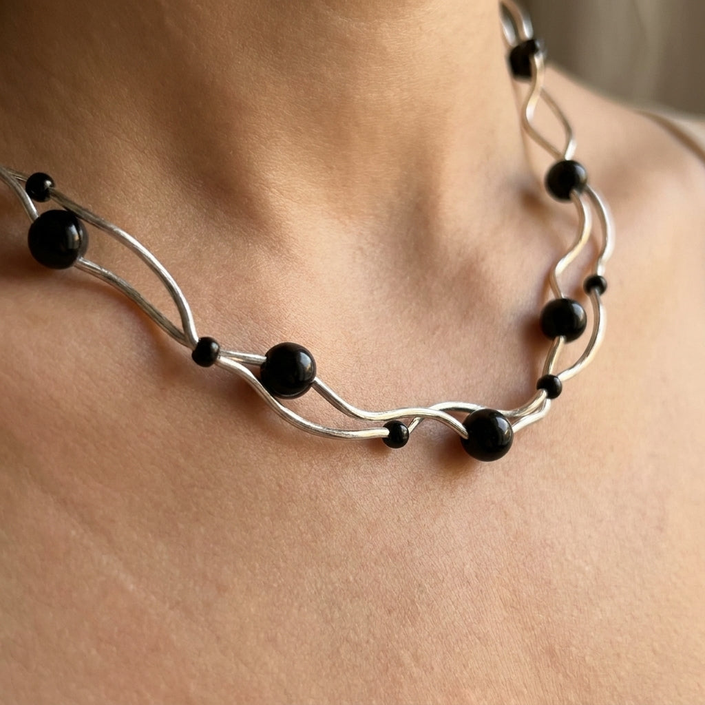 Twisted Bar & Black Bead Choker Necklace