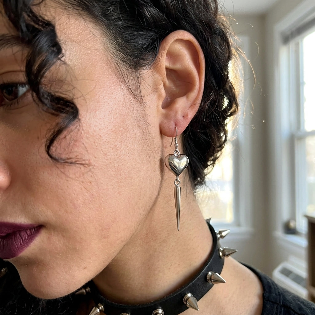 Puffy Heart & Long Spike Hook Earrings