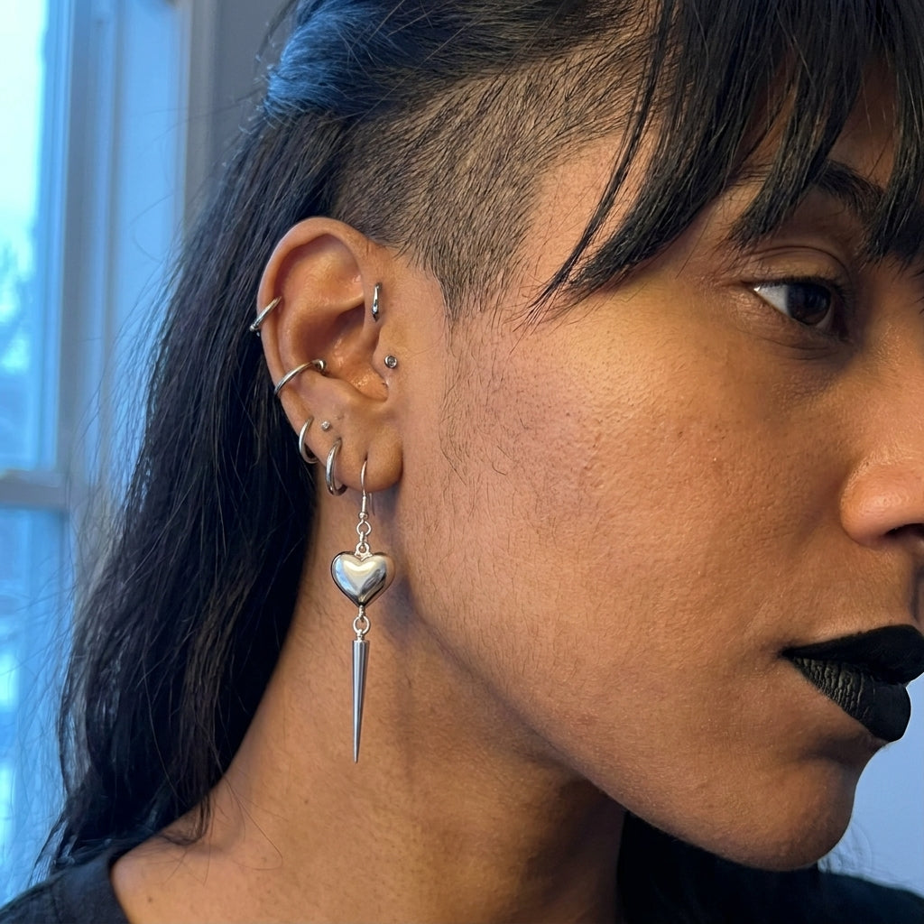 Puffy Heart & Long Spike Hook Earrings