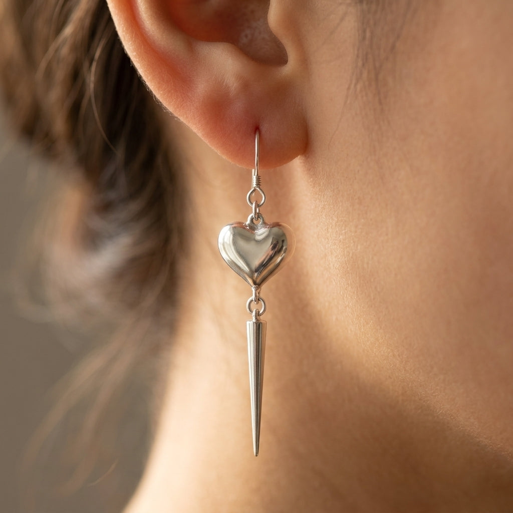 Puffy Heart & Long Spike Hook Earrings