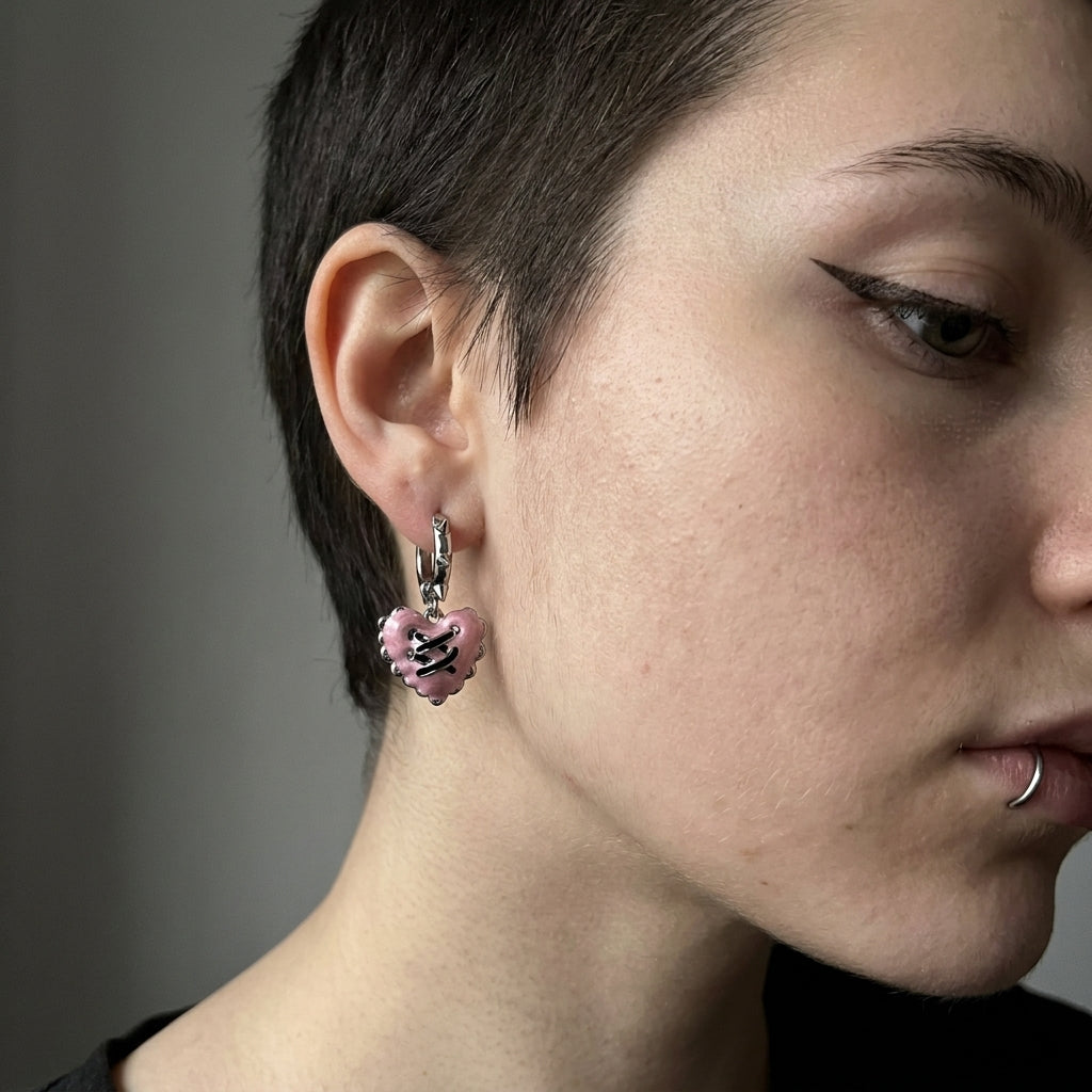 Stitched Pink Heart Spiked Huggie Earrings