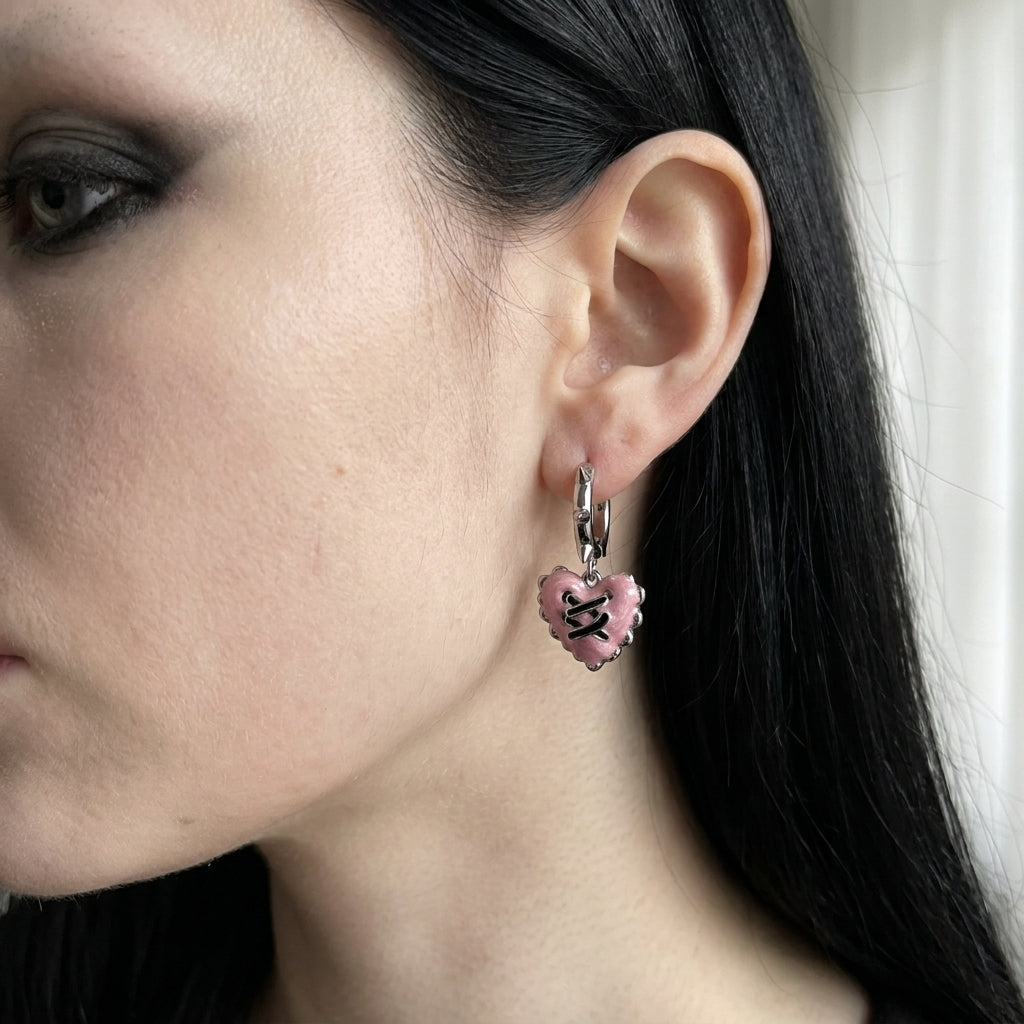 Stitched Pink Heart Spiked Huggie Earrings