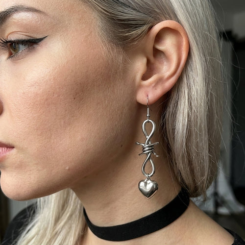 Barbed Wire Black Heart Drop Earrings