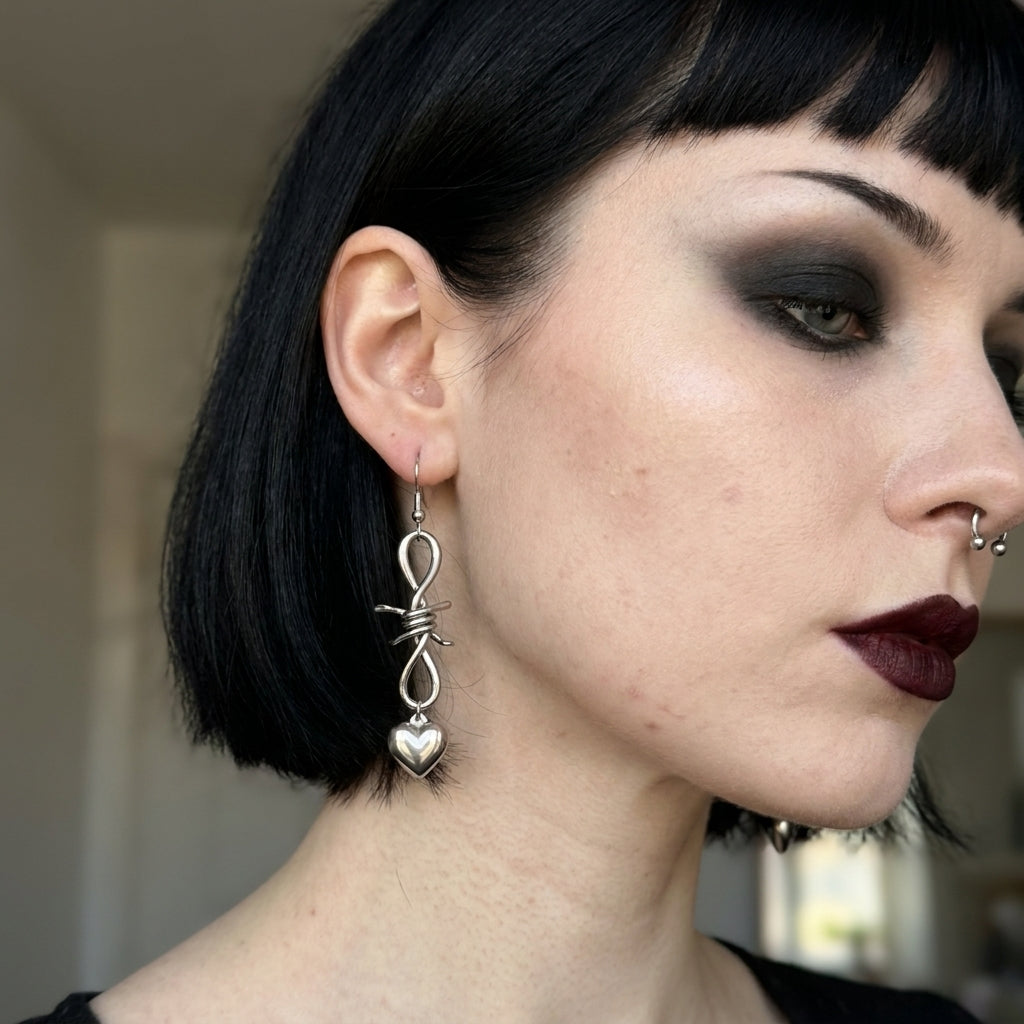 Barbed Wire Black Heart Drop Earrings