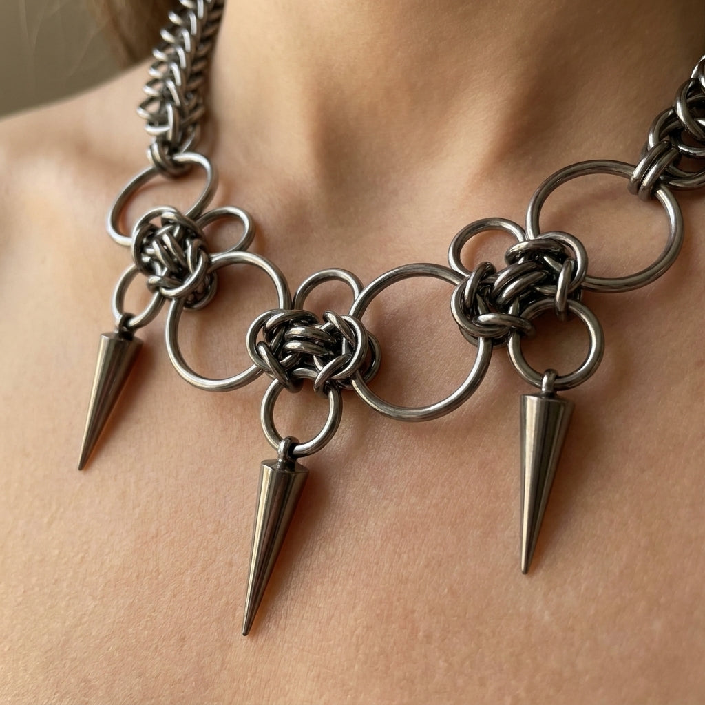 Gunmetal Ring & Triple Spike Chainmail Necklace