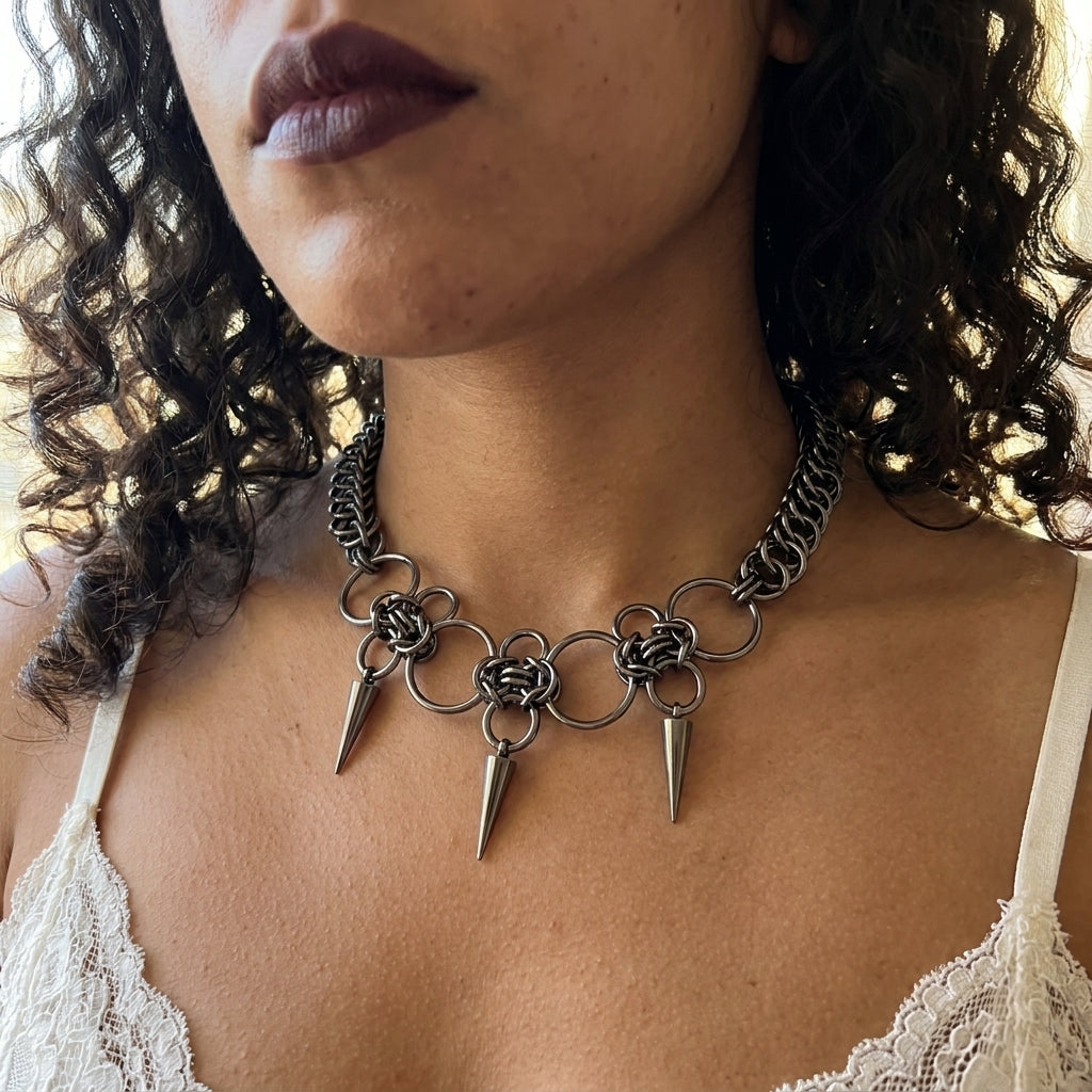 Gunmetal Ring & Triple Spike Chainmail Necklace