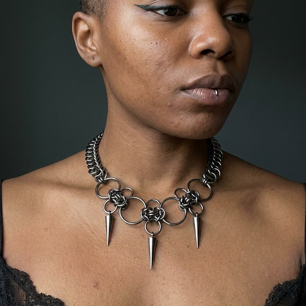 Gunmetal Ring & Triple Spike Chainmail Necklace