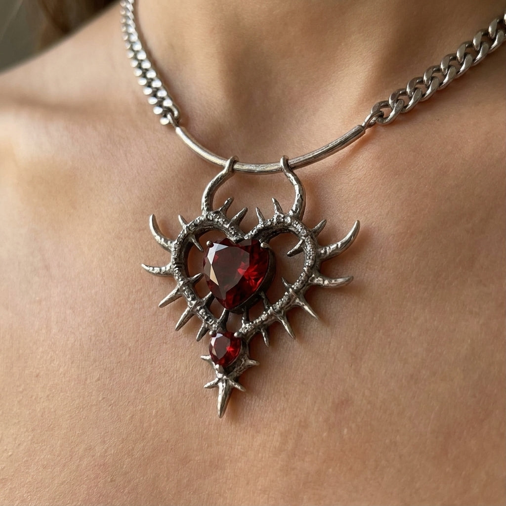 Ruby Thorn Heart Cuban Chain Necklace