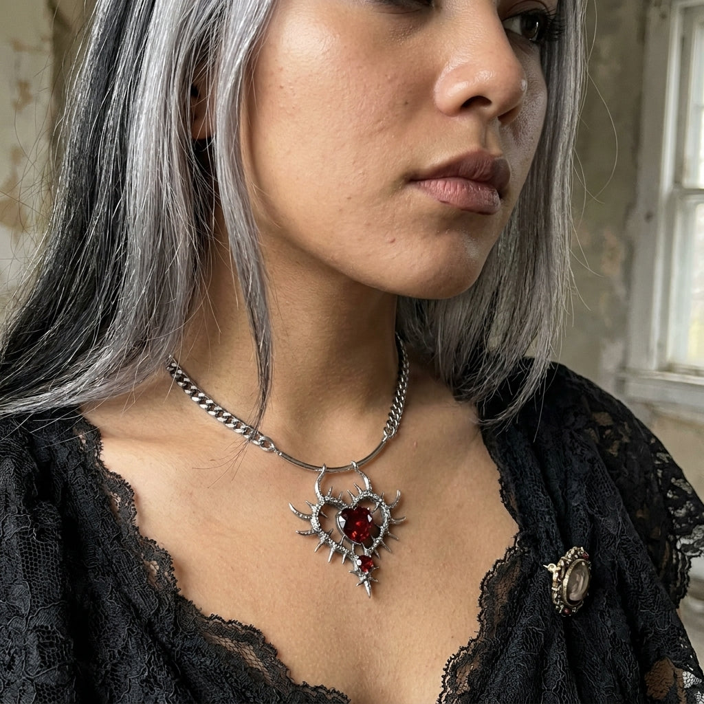 Ruby Thorn Heart Cuban Chain Necklace