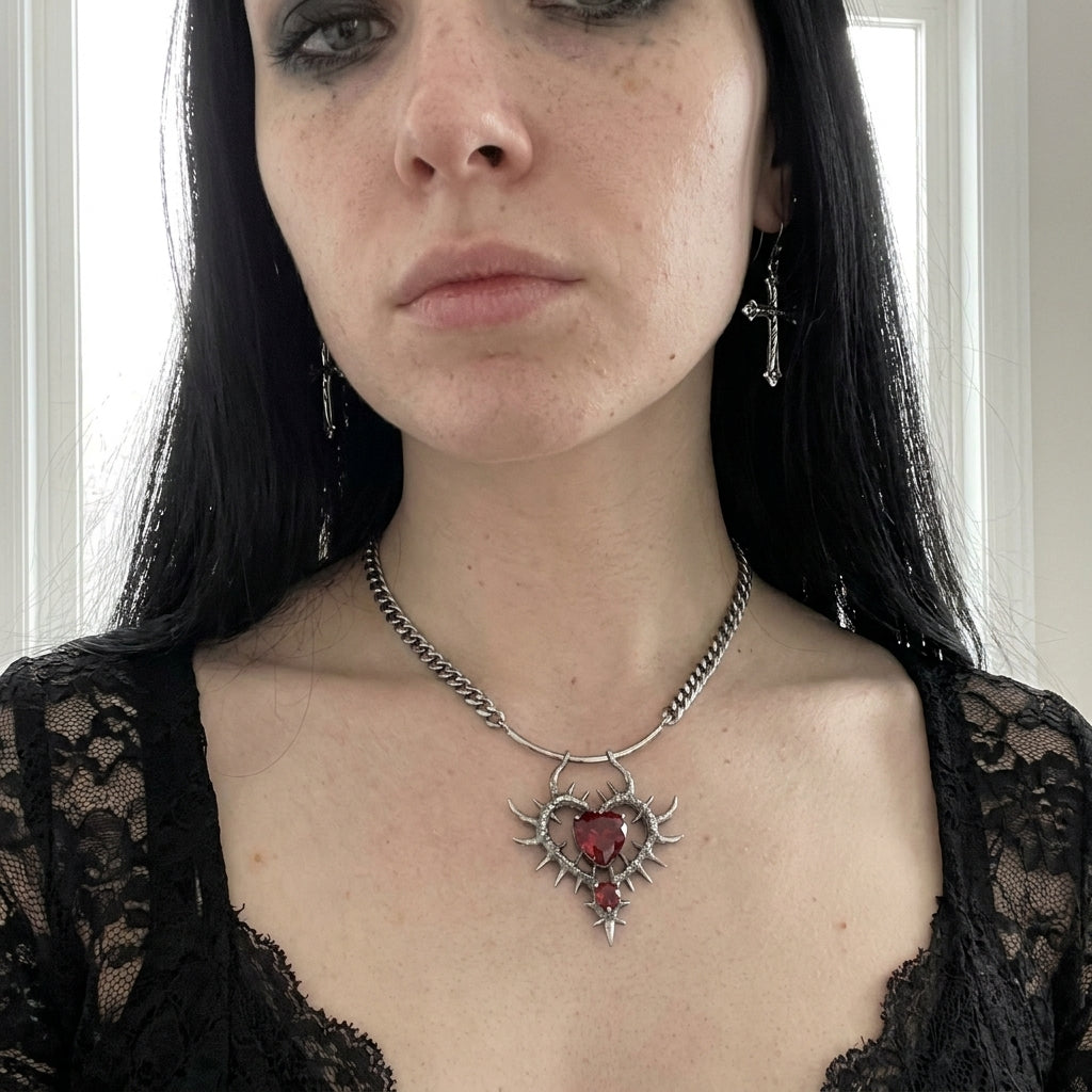 Ruby Thorn Heart Cuban Chain Necklace