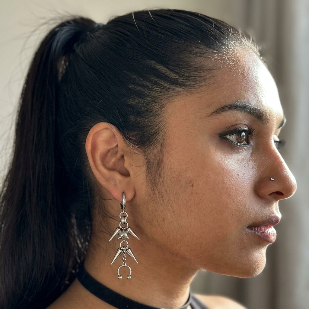 Spike Cluster Horseshoe Barbell Drop Earrings