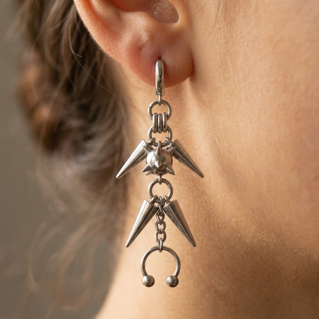Spike Cluster Horseshoe Barbell Drop Earrings