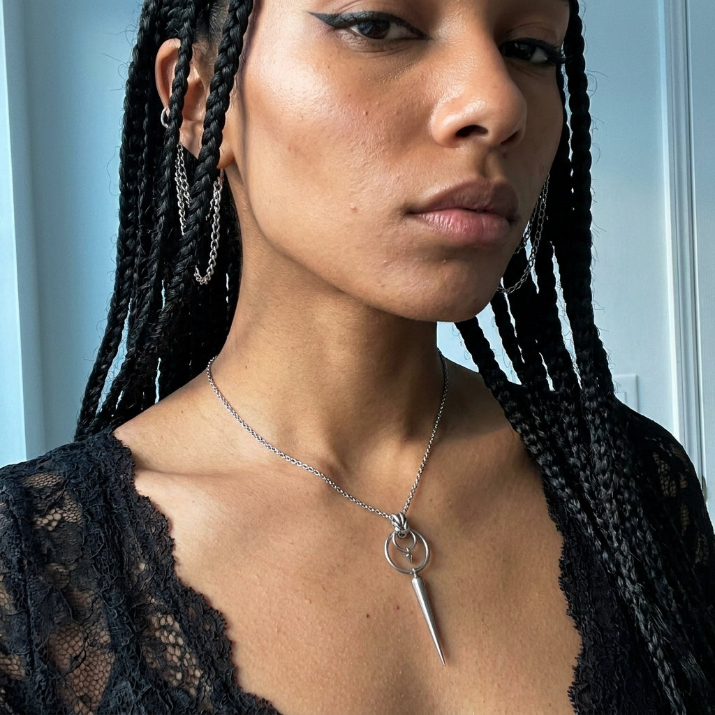 Double Ring Long Spike Pendant Necklace
