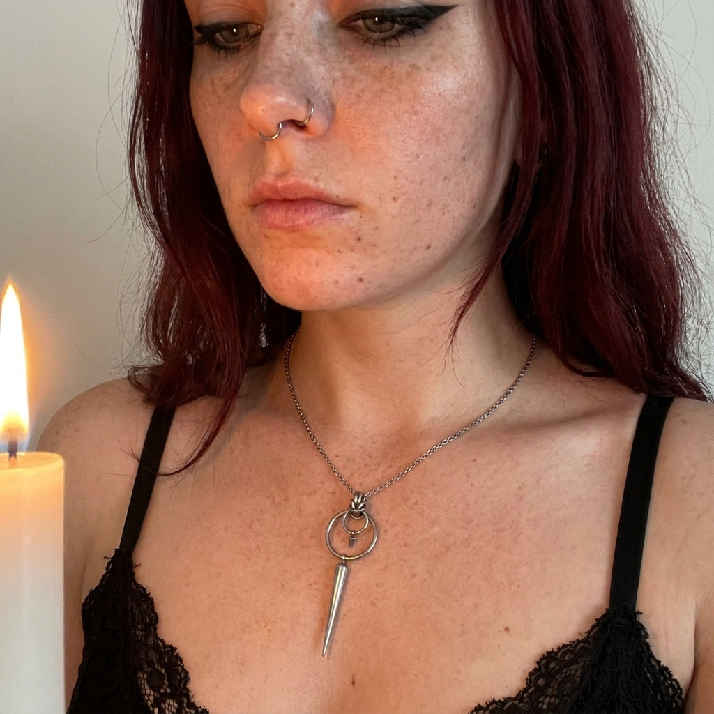 Double Ring Long Spike Pendant Necklace