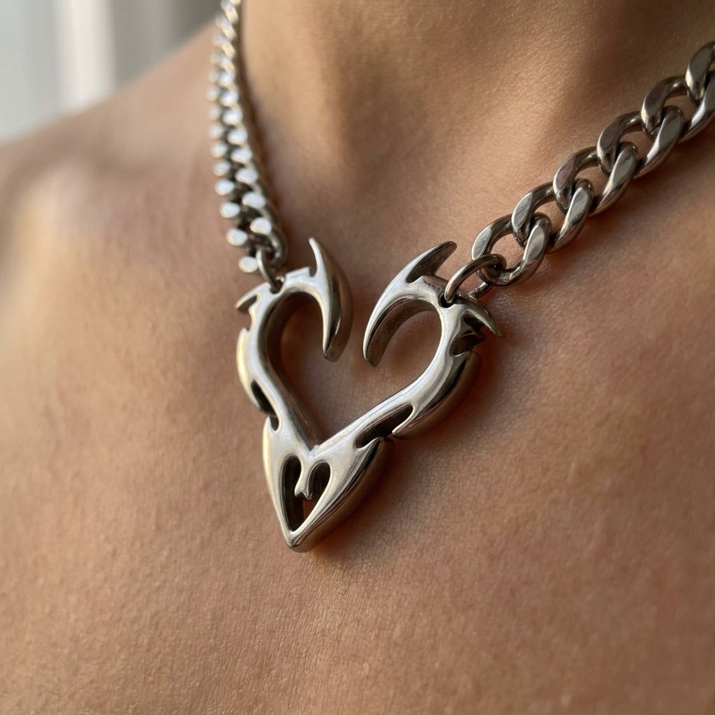 Flame Heart Clasp Cuban Chain Necklace