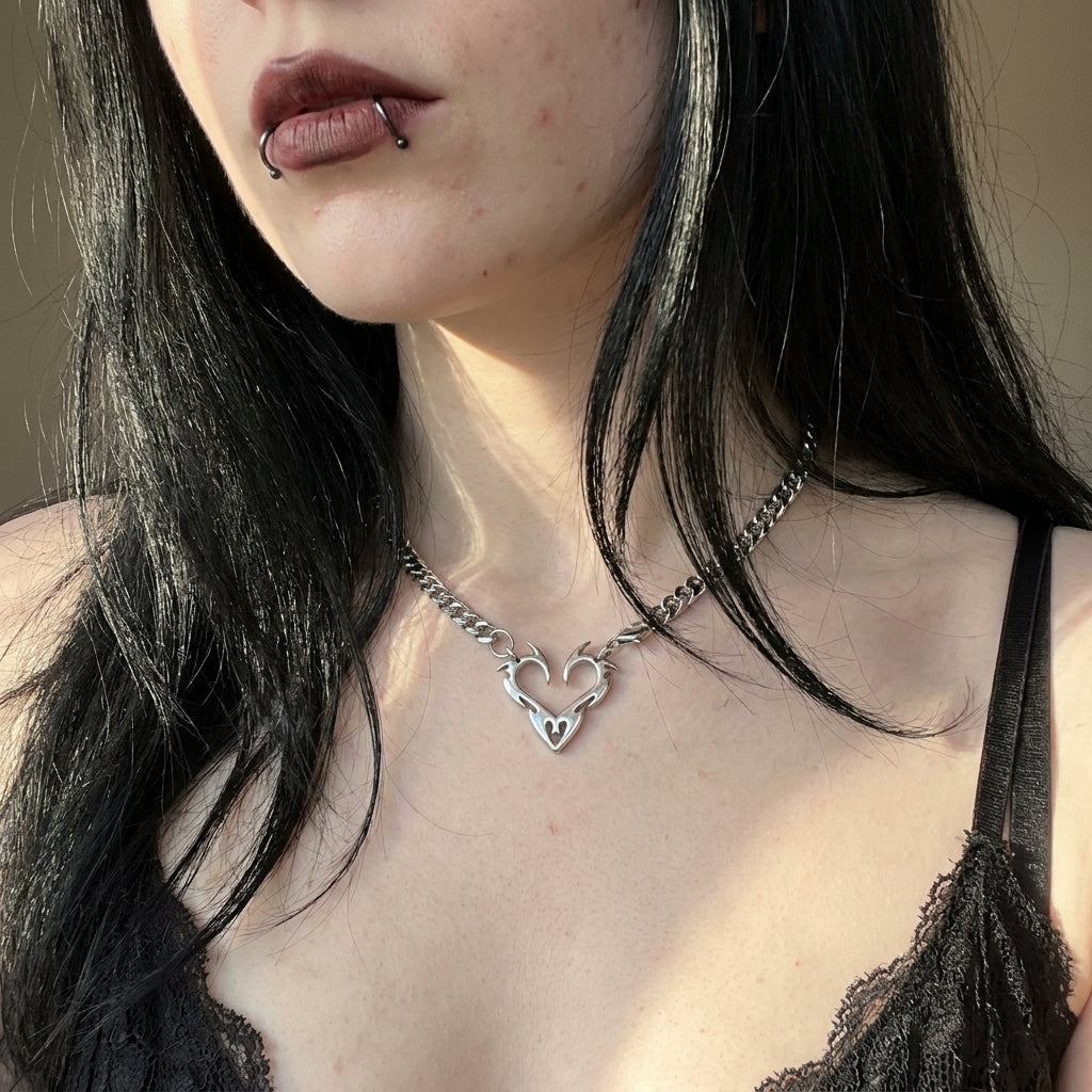 Flame Heart Clasp Cuban Chain Necklace
