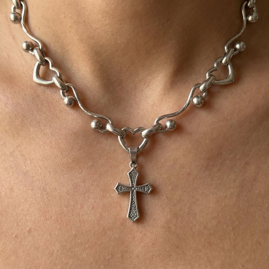 Heart Link & Engraved Cross Choker Necklace