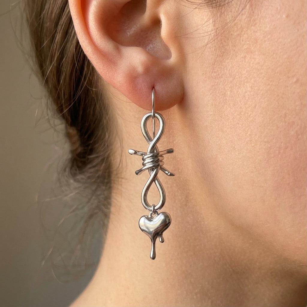 Barbed Wire Knot Dripping Heart Drop Earrings