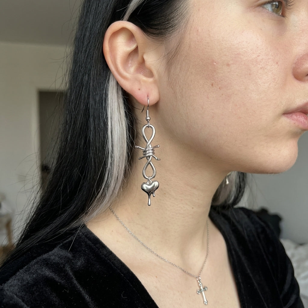 Barbed Wire Knot Dripping Heart Drop Earrings