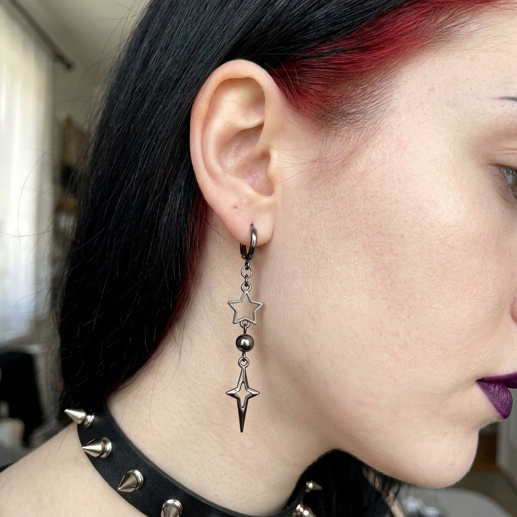 Gunmetal Star & North Star Drop Earrings