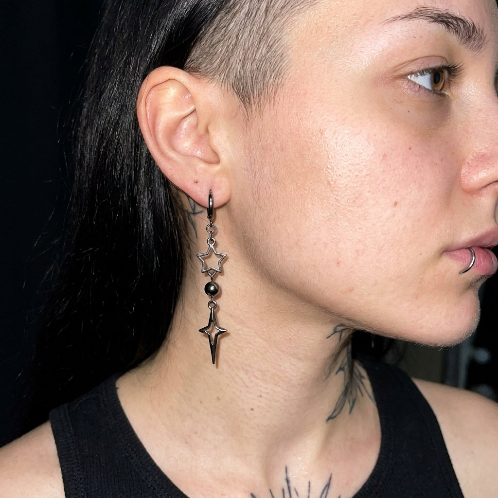 Gunmetal Star & North Star Drop Earrings