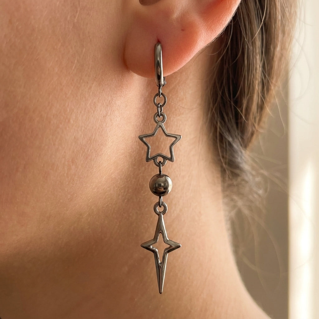 Gunmetal Star & North Star Drop Earrings