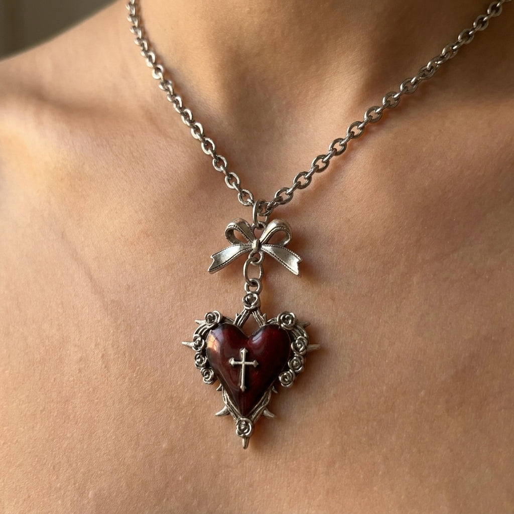 Blood Red Thorned Heart Cross & Bow Necklace