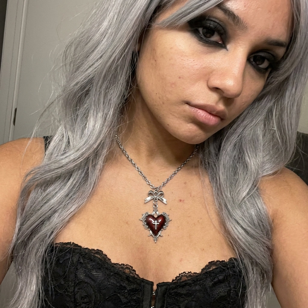 Blood Red Thorned Heart Cross & Bow Necklace